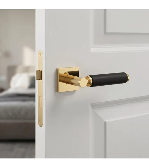 Tirador de puerta dorado pulido en cuero negro TUPAI 4200/202 cuadrado - tirador design