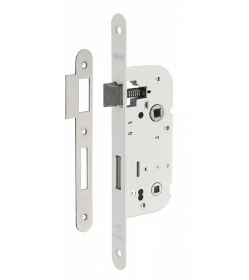 Cerradura blanca empotrada Thirard NF placa de acero blanco, eje 50mm, entreje 70mm, para WC o baño - tirador de diseño