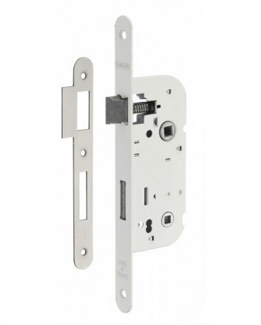 Cerradura blanca empotrada Thirard NF placa de acero blanco, eje 50mm, entreje 70mm, para WC o baño - tirador de diseño
