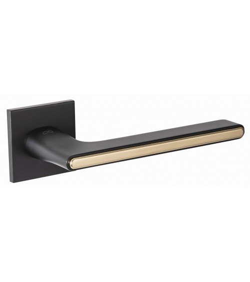 Manilla de puerta bicolor negra y dorada sobre placa cuadrada - modelo Ferrara - manilla de diseño