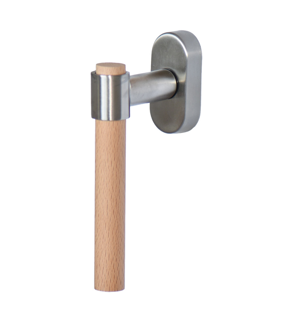 Manilla de ventana IRATY en madera de haya y metal cepillado — Acero inoxidable