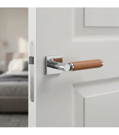 Tirador de puerta cromado pulido en cuero claro TUPAI 4200/200 cuadrado - tirador de diseño
