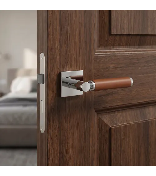 Tirador de puerta cromado pulido en cuero claro TUPAI 4200/200 cuadrado - tirador de diseño