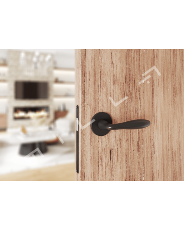 Tirador de puerta moderna VERBENA tirador de diseño montado en una puerta con motivo de madera