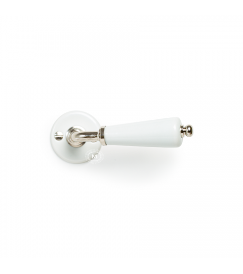 Tirador de puerta tipo barril sobre roseta blanca de porcelana - color niquelado - tirador de diseño
