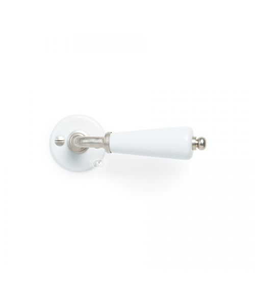Tirador de puerta tipo barril sobre roseta blanca de porcelana - color niquelado - tirador de diseño