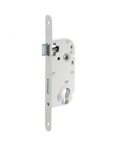 Cerradura blanca empotrable Thirard NF frontón de acero blanco, eje 50mm, entre ejes 70mm, llave de bombín - palanca de diseño