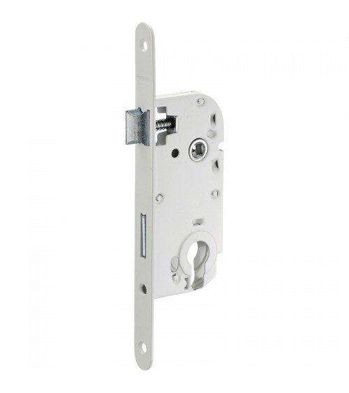 Cerradura blanca embutida Thirard NF placa frontal de acero blanco, eje 50mm, entre ejes 70mm, llave de bombín - tirador de dise