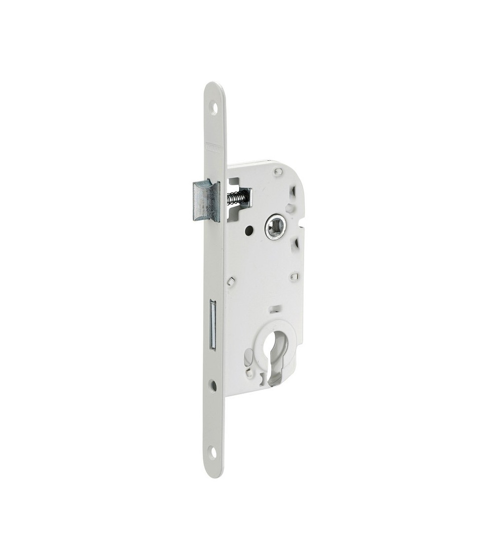 Cerradura blanca embutida Thirard NF placa frontal de acero blanco, eje 50mm, entre ejes 70mm, llave de bombín - tirador de dise