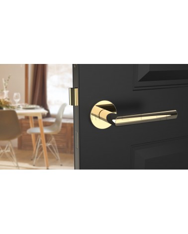 Tirador de puerta color oro pulido ARABIS tirador de diseño montado en una puerta entreabierta