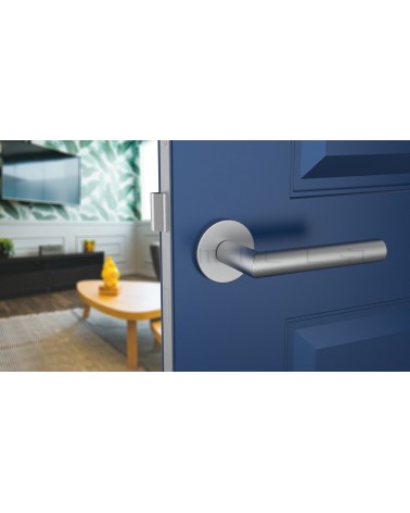 Manija de puerta color cromo satinado ARABIS manija de diseño vista superior inclinada montada en una puerta