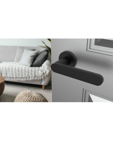 Manilla negra ALORA manilla de diseño vista inclinada montada en una puerta