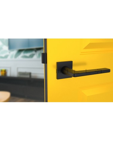 Tirador de puerta negra SETIA tirador de diseño vista de frente montada en una puerta