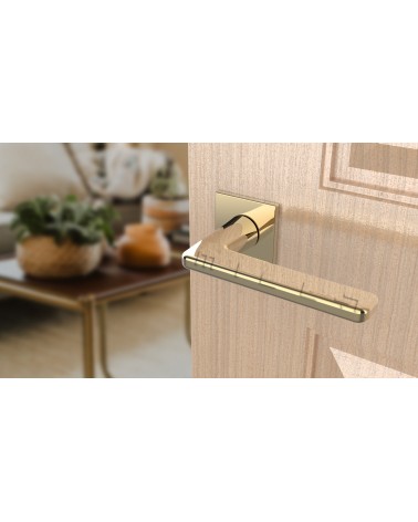 Tirador de puerta oro pulido SETIA manilla design vista superior inclinada montada en una puerta