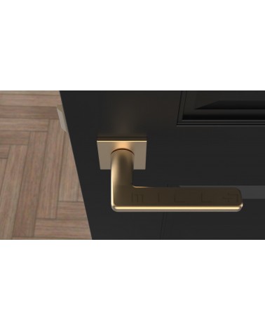 Tirador de puerta oro mate SETIA manilla design vista superior montada en una puerta