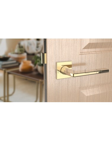 Tirador de puerta oro pulido SETIA manilla design vista frontal montada en una puerta