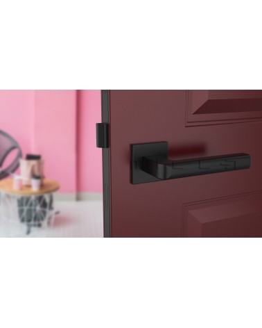 Manija negra SALICE ferretería de diseño vista frontal montada en una puerta