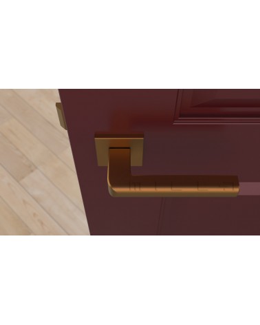 Tirador de puerta cobre SALICE herraje de diseño vista superior montada en una puerta