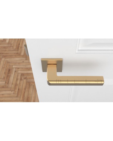 Tirador de puerta dorado mate SALICE herrajes de diseño vista superior montada en una puerta