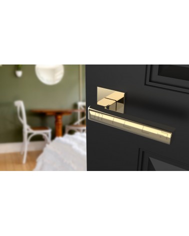 Manilla oro pulido SALICE ferretería decorativa diseño vista inclinada montada en una puerta
