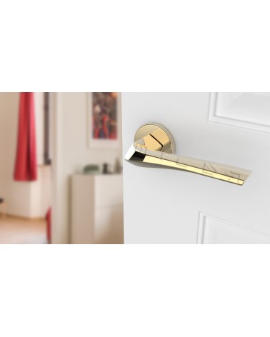 Tirador de puerta oro pulido DALIA tirador de diseño vista superior inclinada montada en una puerta