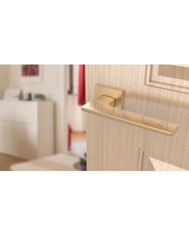 Manilla dorada mate LUNARIA manilla de diseño vista superior inclinada montada en puerta