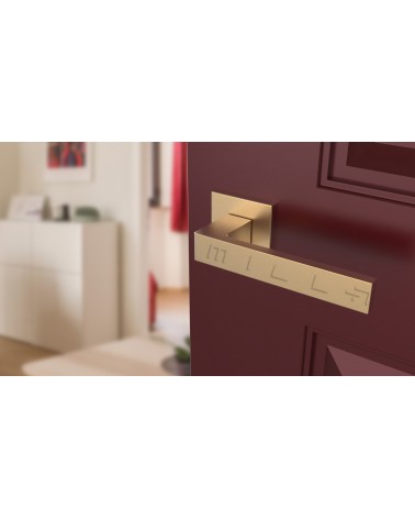 Manilla dorado mate SULLA manilla de diseño vista superior inclinada montada en una puerta