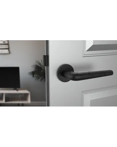 Tirador de puerta moderna FUNKIA tirador de diseño vista de frente montada en una puerta