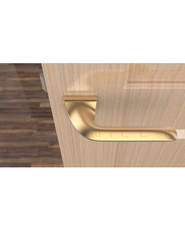 Tirador de puerta oro mate GLADIOLA tirador de diseño vista desde arriba montada en una puerta