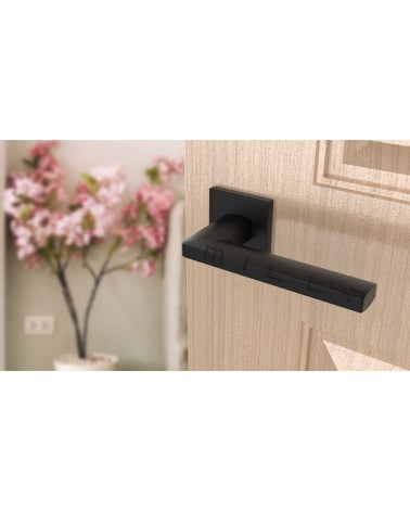 Tirador de puerta negra PYROLA herrajes de diseño vista inclinada montada en una puerta