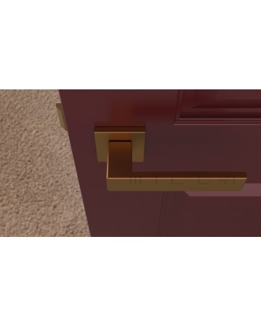 Tirador de puerta PINA en cobre diseño vista desde arriba montada en una puerta