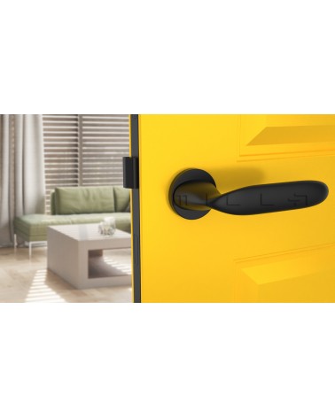 Manecilla de puerta futurista PEONIA herraje de diseño vista frontal montada en una puerta