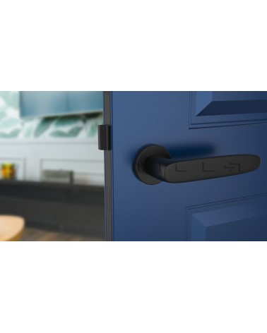 Tirador de puerta negra ROSA tirador de diseño vista de frente montada en una puerta