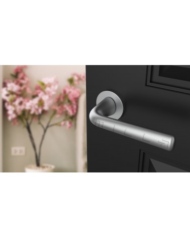 Tirador de puerta cromo satinado TULIPA puerta interior de diseño vista inclinada montada en una puerta