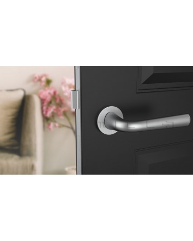 Tirador de puerta cromo satinado TULIPA puerta interior de diseño vista de frente montada en una puerta
