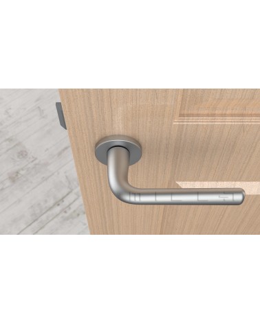 Tirador de puerta cromo satinado TULIPA puerta interior de diseño vista desde arriba montada en una puerta