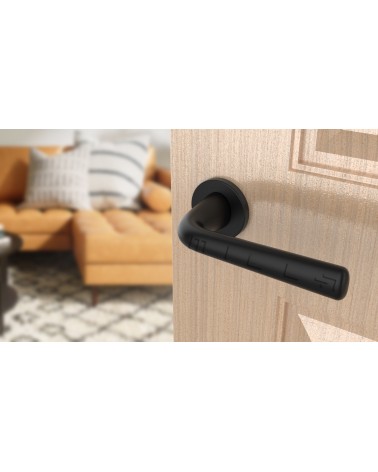 Tirador de puerta negra TULIPA puerta interior de diseño vista inclinada montada en una puerta