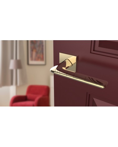 Tirador de puerta oro pulido LILA diseño vista inclinada montada en una puerta
