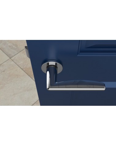 Palanca de puerta cromo pulido LUNA manilla de diseño vista superior montada en una puerta