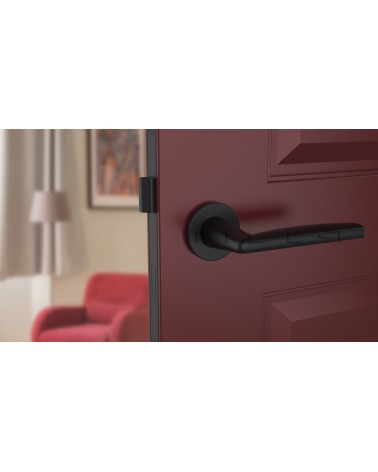 Manija de puerta negra LUNA manija de diseño vista de frente montada en una puerta