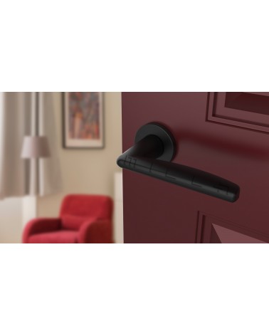 Manija de puerta negra LUNA manija de diseño vista inclinada montada en una puerta