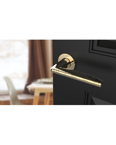 Manija de puerta dorado pulido LUNA manija de diseño vista inclinada montada en una puerta