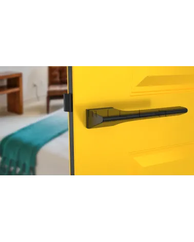 Tirador de puerta futurista LUPINA tirador de diseño vista de frente montada en una puerta