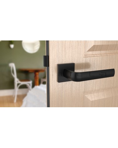 Tirador de puerta negra MELA manilla de diseño vista frontal montada en una puerta