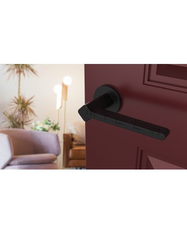 Tirador de puerta negra NINFEA ferretería decorativa de diseño vista inclinada montada en una puerta
