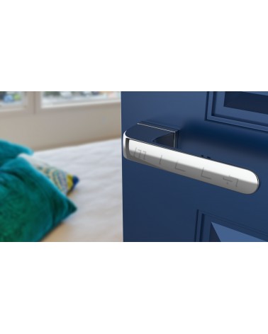 Manija de puerta futurista PLUMERIA manija de diseño vista inclinada montada en una puerta