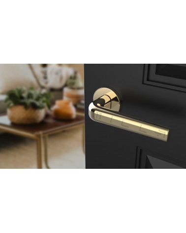 Tirador de puerta oro pulido INULLA tirador de diseño vista inclinada montada en una puerta