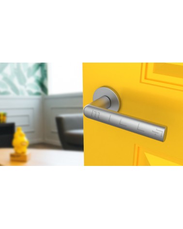 Manilla cromo satinado SILENA diseño vista inclinada montada en una puerta