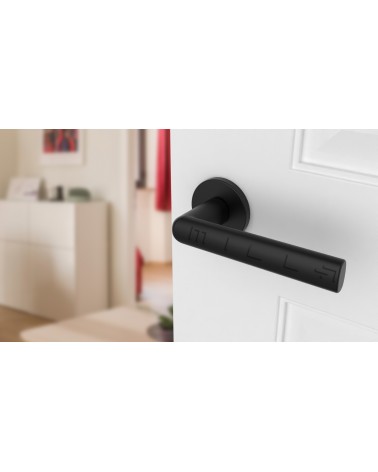 Tirador de puerta negra SILENA herrajes design vista inclinada montada en una puerta