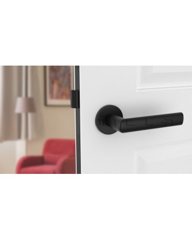 Tirador de puerta negra SILENA herrajes design vista frontal montada en una puerta